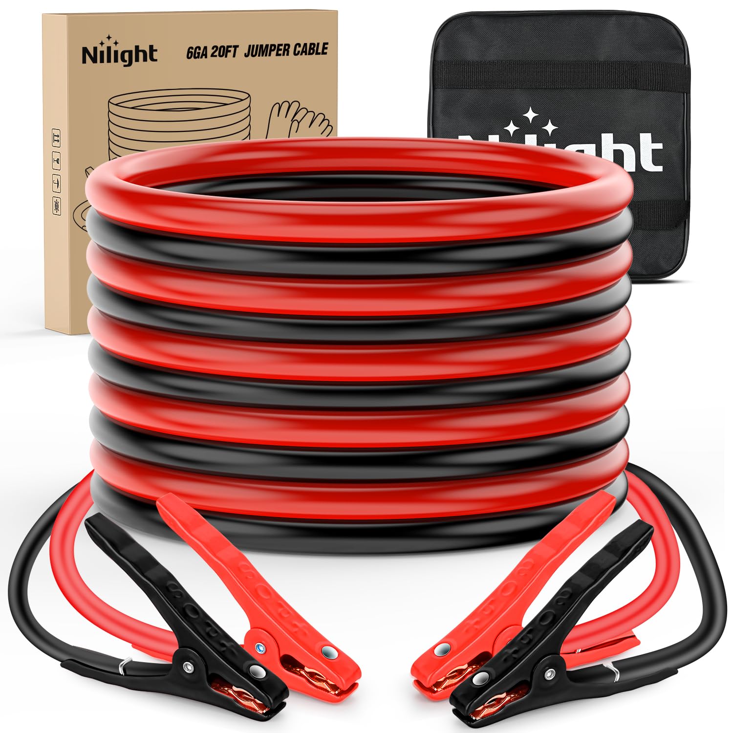 Nilight Autobatterie-Überbrückungskabel, 6 Gauge, 6 m, strapazierfähiges 450 A CCA-Verstärkungskabel mit Tragetasche, Notfall-Set für LKW, SUV, Limousine, Motorrad Nilight Autobatterie-Überbrückungskabel, 6 Gauge, 6 m, strapazierfähiges 450 A CCA-Verstärkungskabel mit Tragetasche, Notfall-Set für LKW, SUV, Limousine, Motorrad von Nilight
