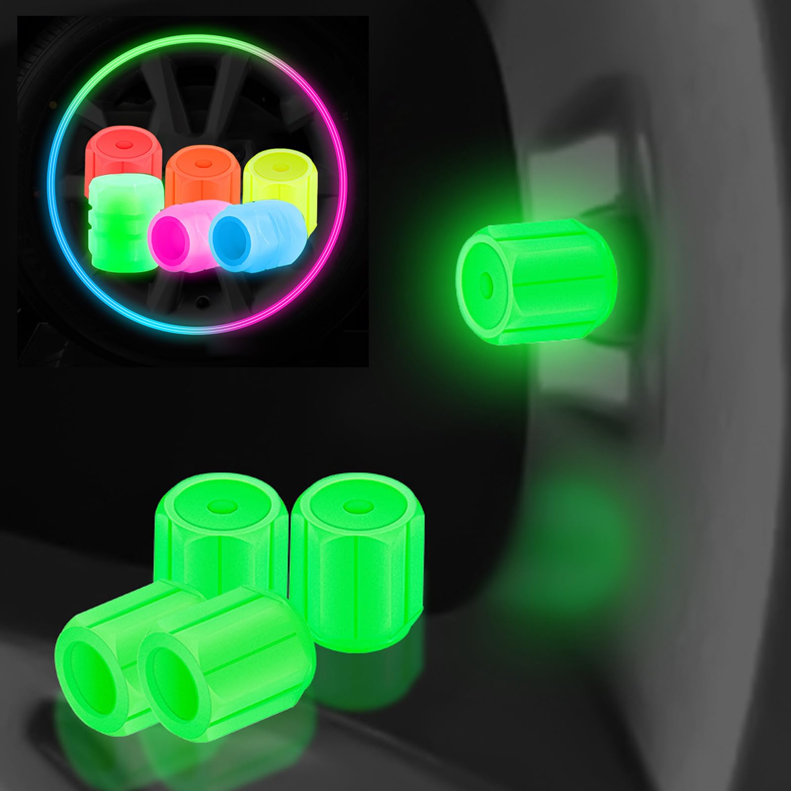 Universelle Fluoreszierende Autoreifen-Ventilkappen, im Dunkeln leuchtende Reifenventilkappen für Auto, LKW, Motorrad, Fahrrad (Green,16Pcs) von Nimedala