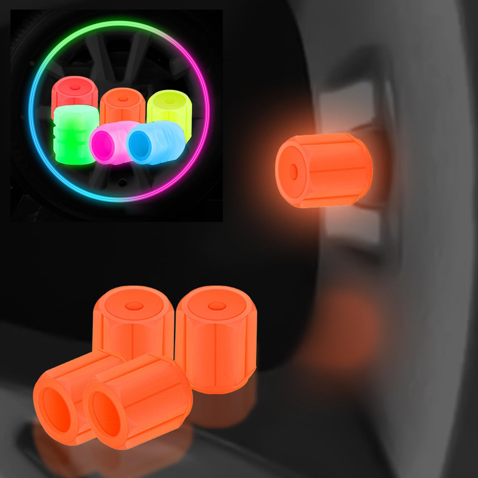 Universelle Fluoreszierende Autoreifen-Ventilkappen, im Dunkeln leuchtende Reifenventilkappen für Auto, LKW, Motorrad, Fahrrad (Orange,4Pcs) von Nimedala