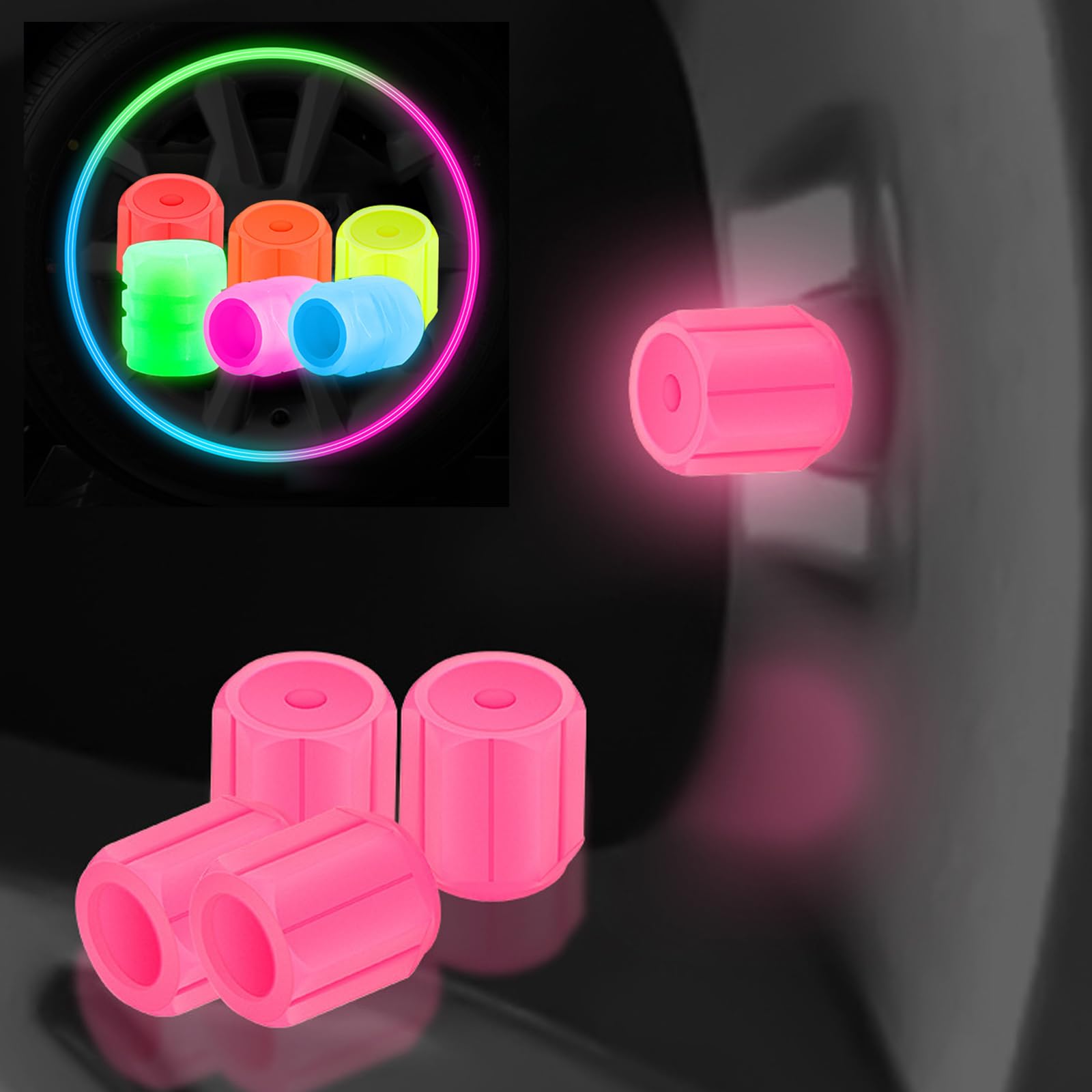 Universelle Fluoreszierende Autoreifen-Ventilkappen, im Dunkeln leuchtende Reifenventilkappen für Auto, LKW, Motorrad, Fahrrad (Pink,4Pcs) von Nimedala