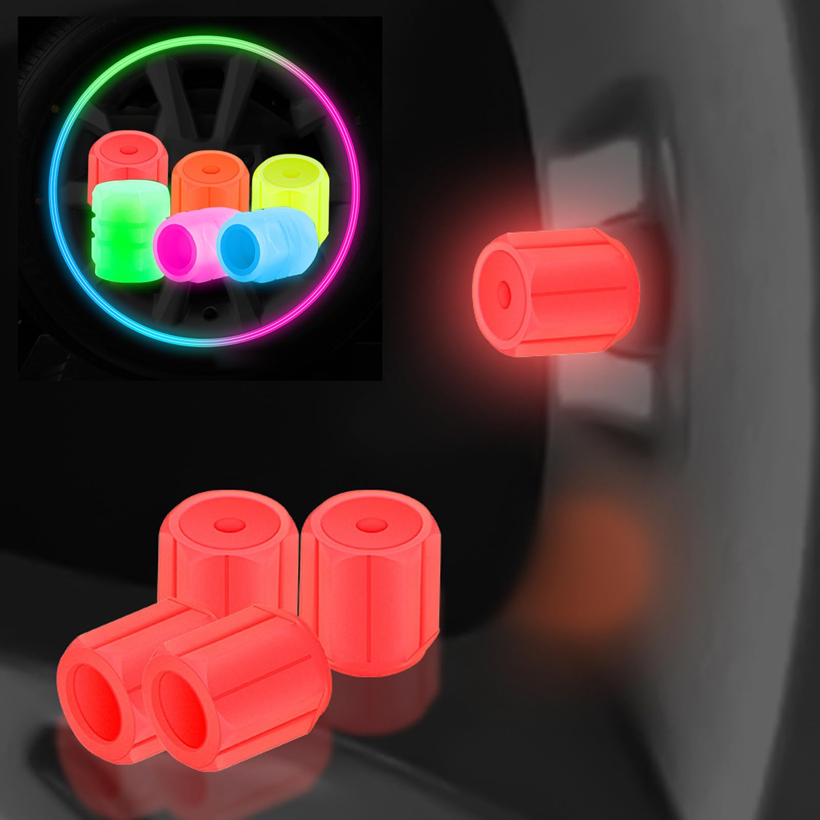 Universelle Fluoreszierende Autoreifen-Ventilkappen, im Dunkeln leuchtende Reifenventilkappen für Auto, LKW, Motorrad, Fahrrad (Red,8Pcs) von Nimedala