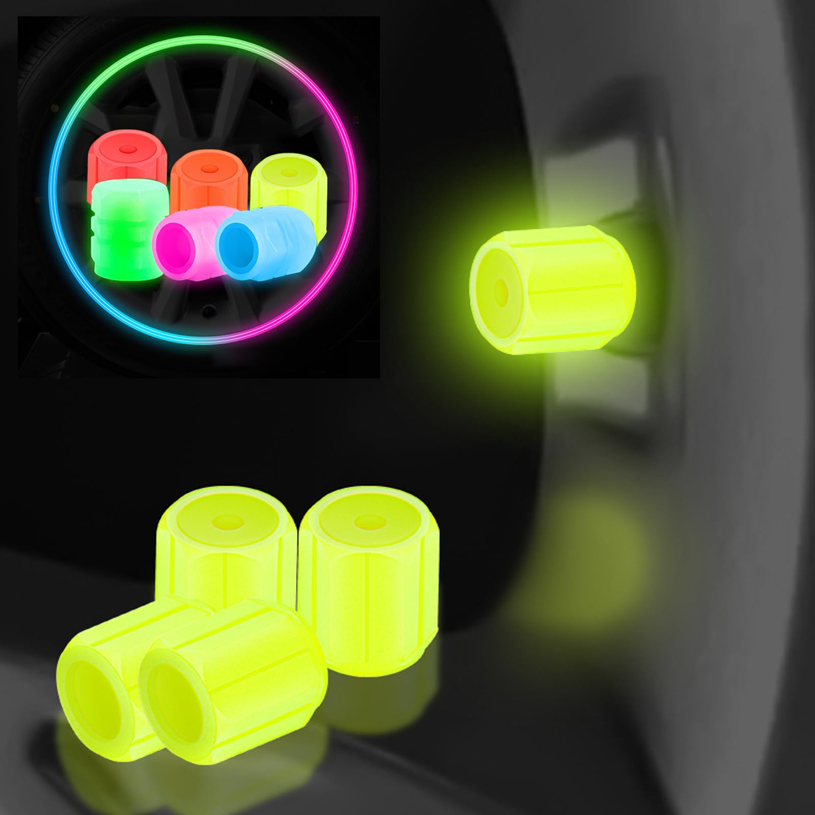 Universelle Fluoreszierende Autoreifen-Ventilkappen, im Dunkeln leuchtende Reifenventilkappen für Auto, LKW, Motorrad, Fahrrad (Yellow,16Pcs) von Nimedala