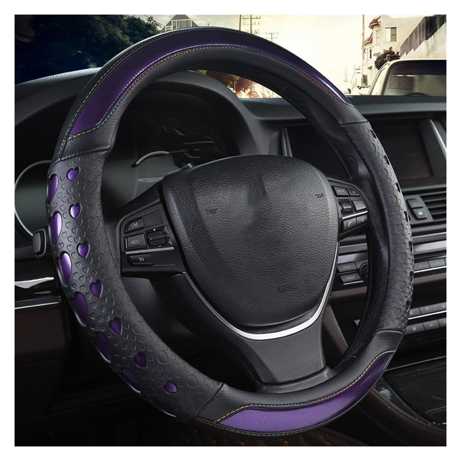 Lenkradabdeckung Lenkradhülle 38CM Universal Fit Gummi Auto Auto Lenkrad Abdeckung Carbon Faser Mikrofaser Leder Herz-förmigen(Purple) von NingRuiBhd