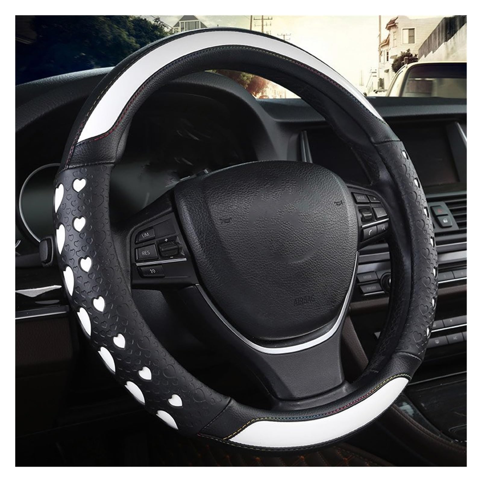 Lenkradabdeckung Lenkradhülle 38CM Universal Fit Gummi Auto Auto Lenkrad Abdeckung Carbon Faser Mikrofaser Leder Herz-förmigen(White) von NingRuiBhd