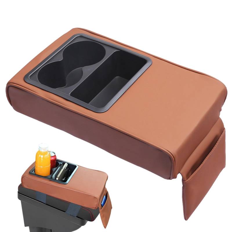 Auto Armlehne Polster Auto Konsole Abdeckungen PU Leder Auto Armlehne Kissen mit Getränkehalter Telefonhalter und 2 Seiten Aufbewahrungstasche, Auto Armlehne Box Protector von Nkmujil