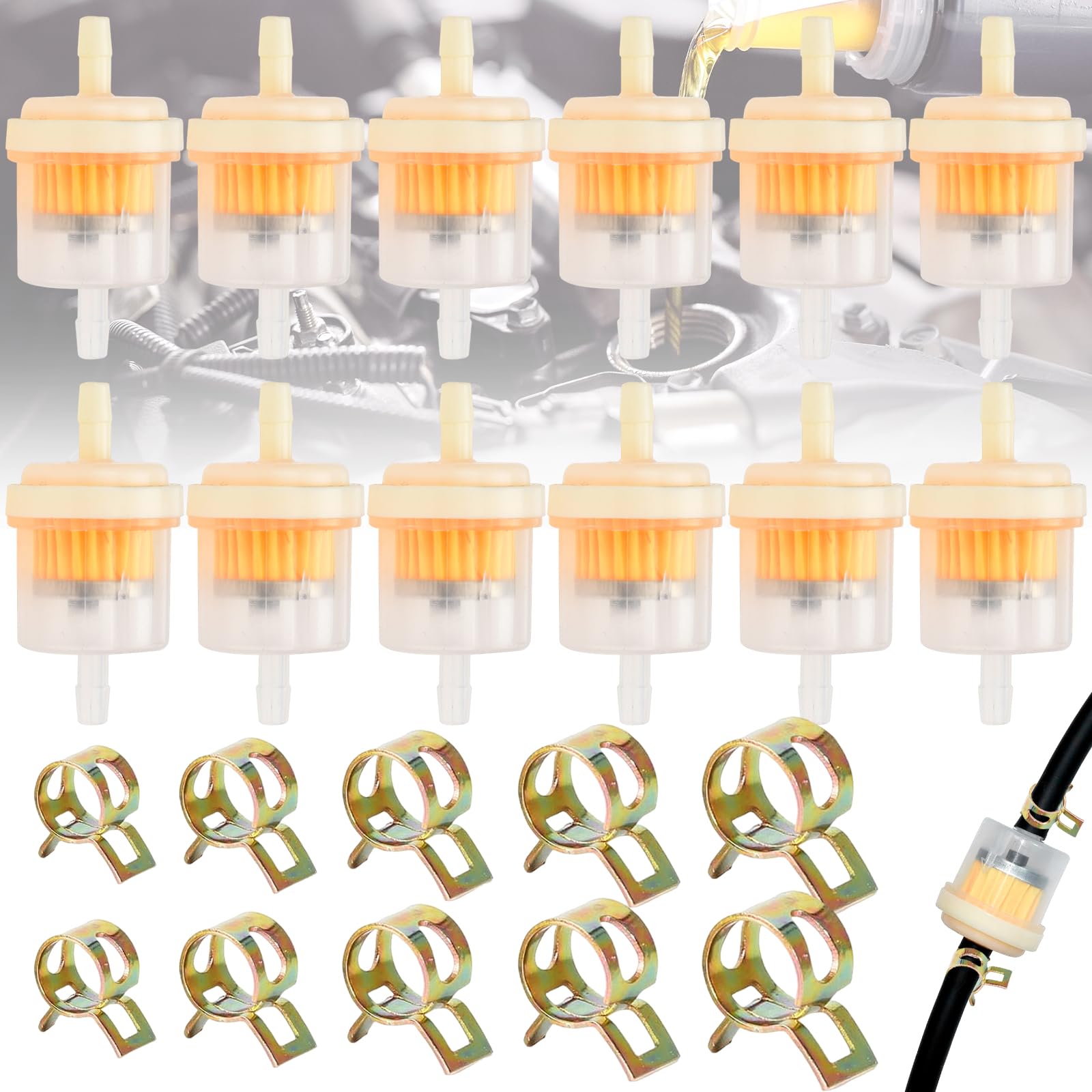 12 Stück Benzin Kraftstofffilter, Benzinfilter, Gas-Inline-Kraftstofffilter, mit 25 Stück Schlauchschellen, Universal Benzin Inline Filtration Zubehör, für Motorrad Roller Motor ATV Rasenmäher 12 Stück Benzin Kraftstofffilter, Benzinfilter, Gas-Inline-Kraftstofffilter, mit 25 Stück Schlauchschellen, Universal Benzin Inline Filtration Zubehör, für Motorrad Roller Motor ATV Rasenmäher von shenzhenquyoumeimaoyiyouxiangongsi
