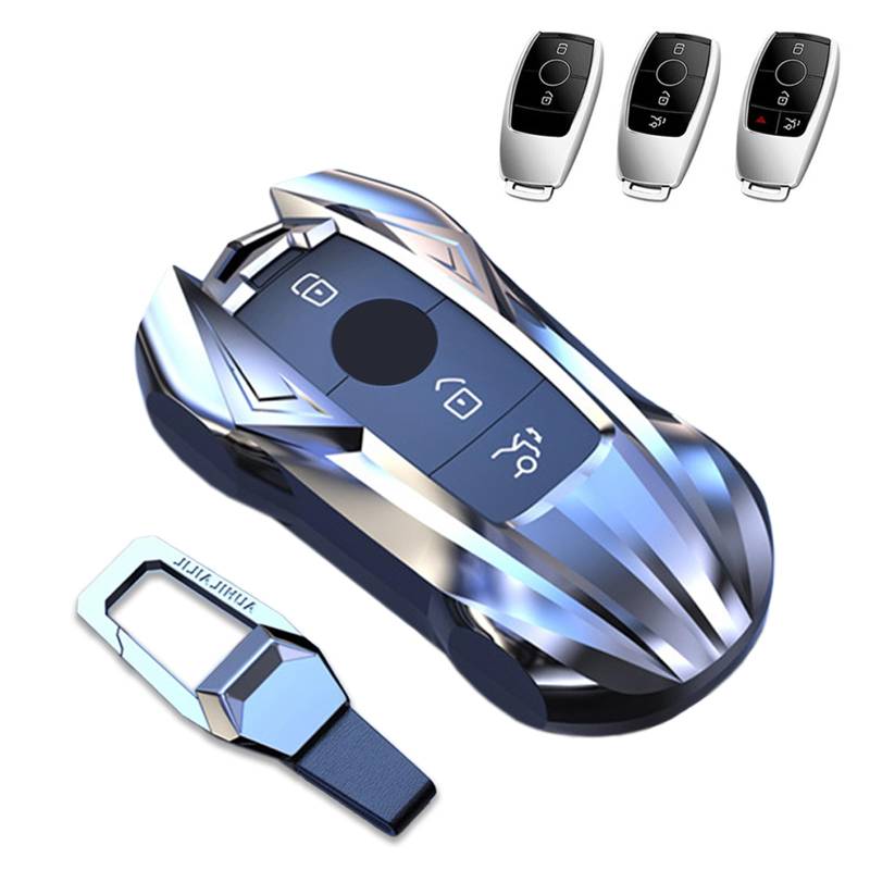 Key Cover Case, Zinklegierung Smart Key Fob Case Holder Shell mit Schlüsselbund Kompatibel für Mercedes Benz Klasse A B C E S CLA GLA GLE GLC GLK AMG(Silber) von Noreyvis