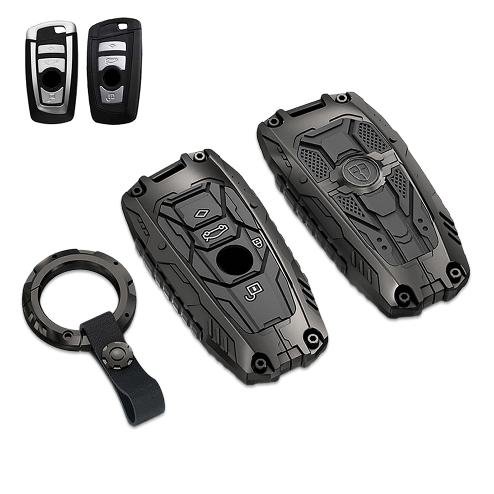 Noreyvis Schlüsselanhänger-Hülle aus Zinklegierung, Metall, Schutzschale, Zubehör, Kompatibel für BMW 1er, 3er, 4er, 5er, 6er, 7er, X1, X3, X4, X5, X6, M5, M6, GT3, GT5 (Runde Schnalle, Grau) von Noreyvis