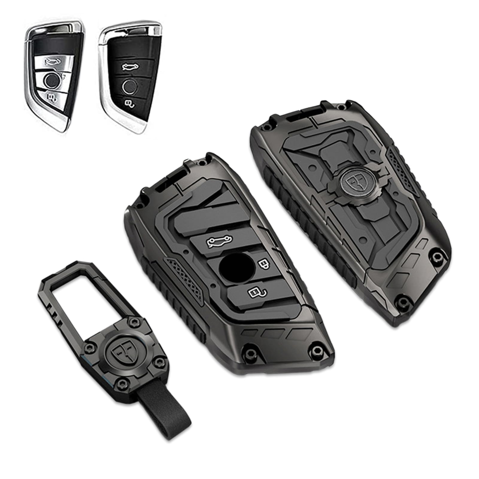 Noreyvis Schlüsselanhänger-Hülle aus Zinklegierung, Metall, Schutzzubehör, Kompatibel für BMW 1er, 2er, 3er, 4er, 5er, 6er, 7er, X1, X2, X3, X5, X6 (3 Tasten, Quadratische Schnalle, Grau) von Noreyvis
