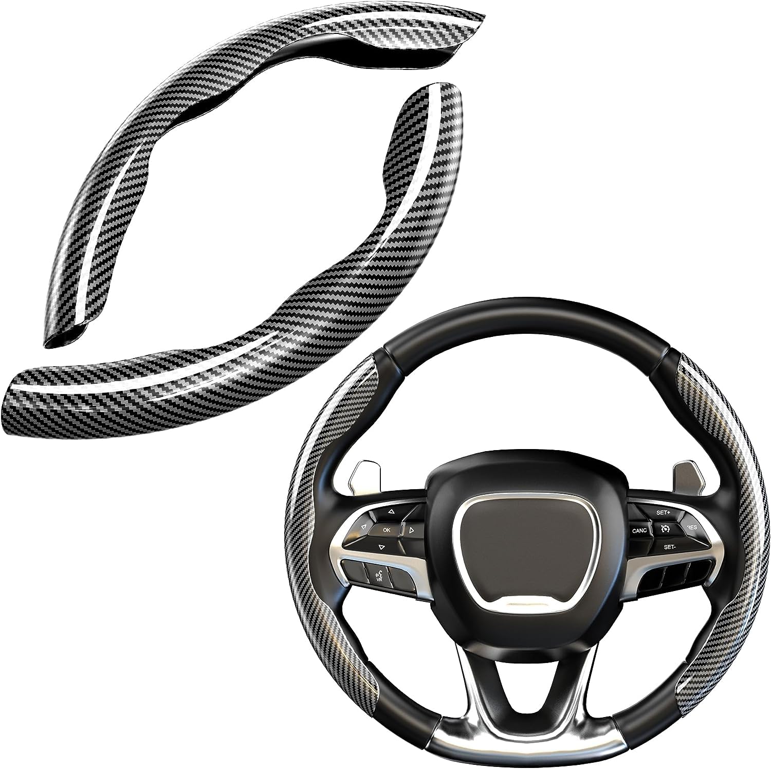 Norhogo 2-teilige Auto-Lenkradabdeckung, 38 cm (15") Universal Carbon Fibre Patterned Segmented Steering Wheel Cover, Universal Carbon Fibre Car Interior Accessories von Norhogo