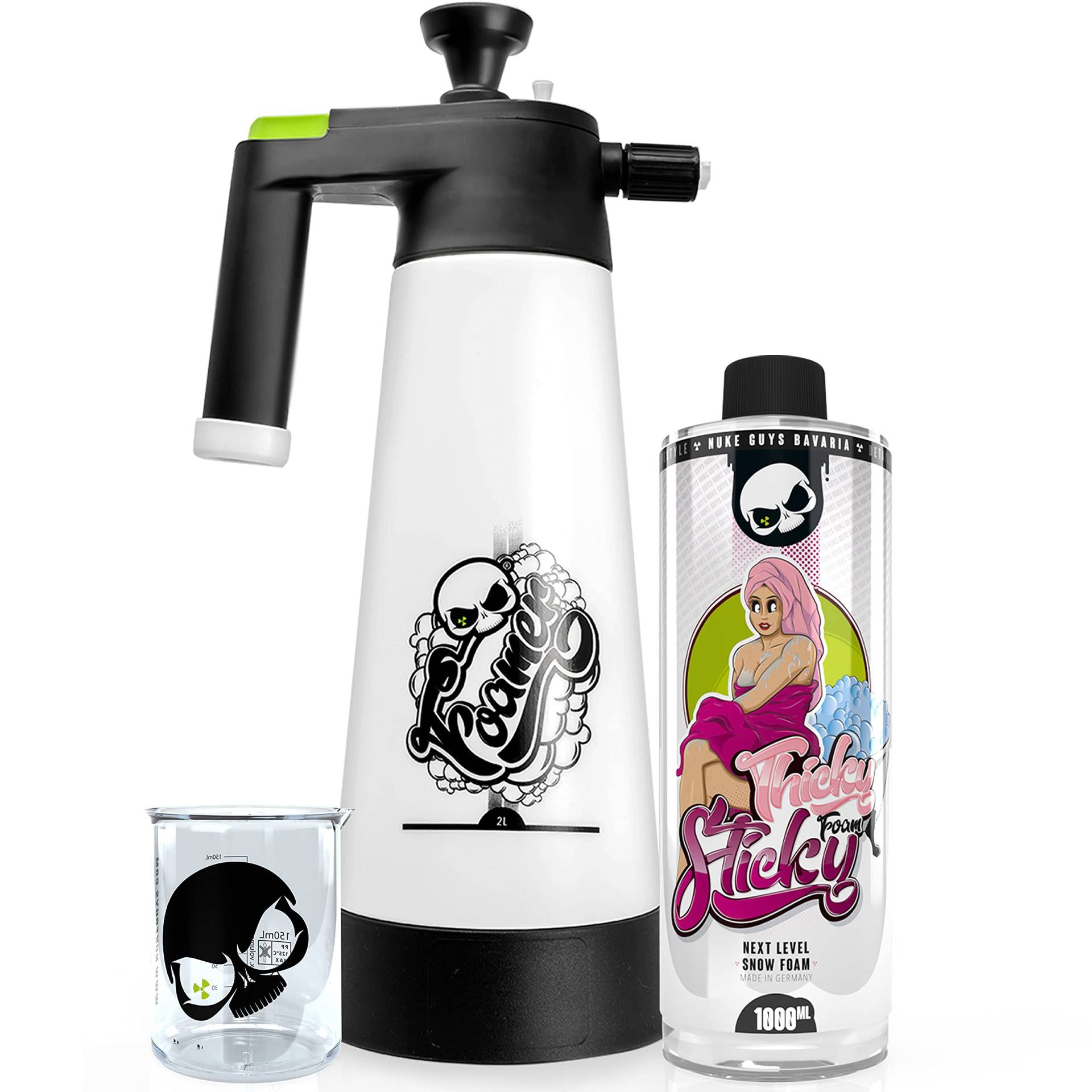 NUKE GUYS VORWÄSCHE SET: THICKY STICKY SNOW FOAM pH neutral + FOAMER HD ALKA LINE - 2 Liter Sprühflasche mit 3 verschiedene Schaumdüsen + hochwertiger 150ml Messbecher von Nuke Guys