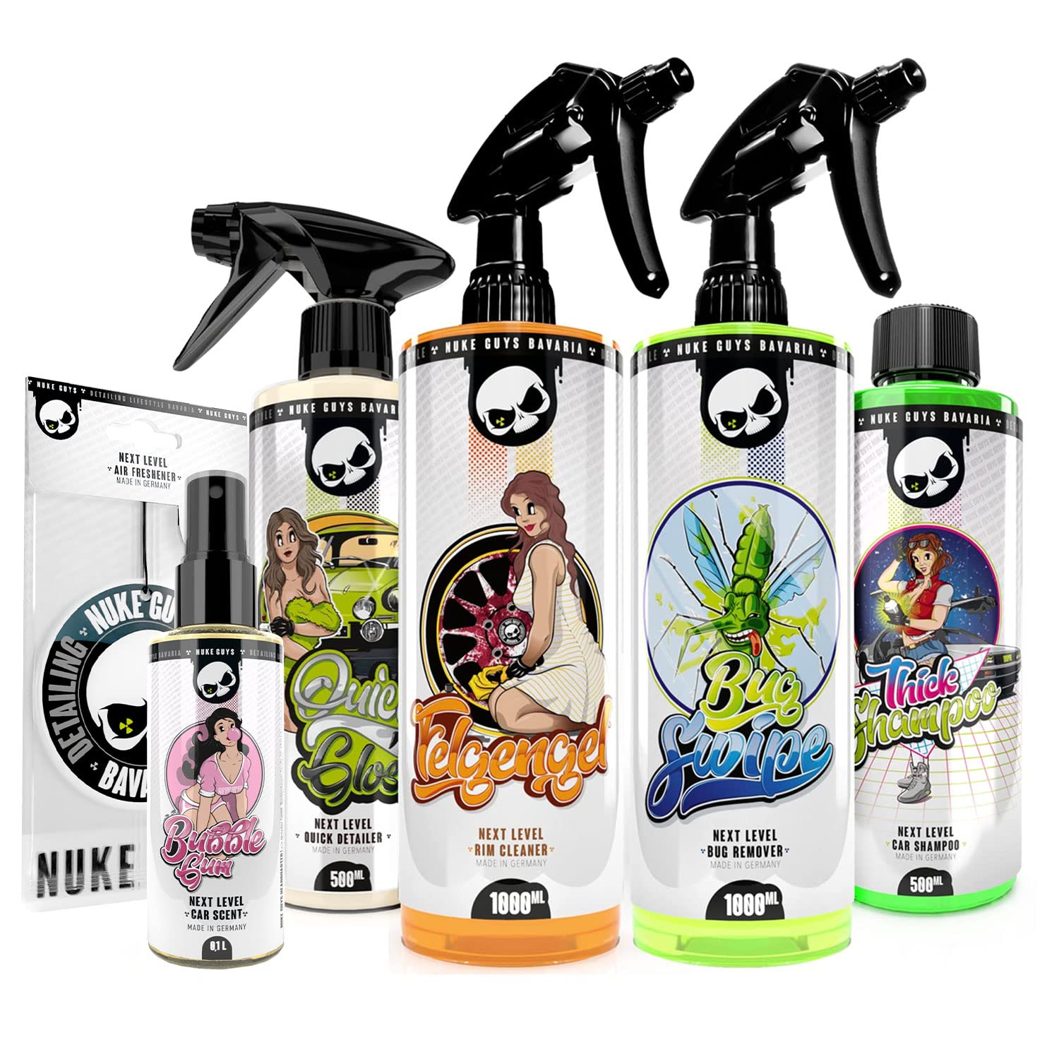 Nuke Guys Auto Reinigung Bundle - Thick Shampoo Autoshampoo 0,5L + Felgenreiniger 1L + Bug Swipe Insektenreiniger 1L + Quick Detailer 0,5L + Bubblegum Autoduft + Duftanhänger von Nuke Guys