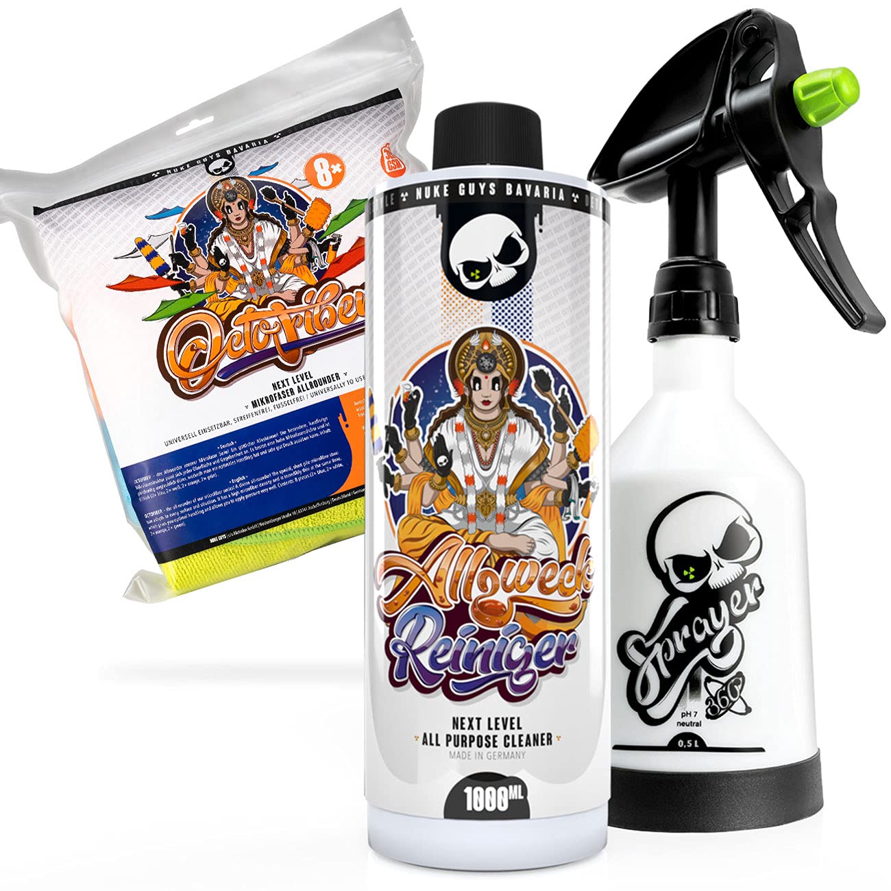 Nuke Guys Auto Universalreiniger Set Allzweckreiniger Konzentrat 1L + 0,5 L Kwazar Sprühflasche + 8er Pack Mikrofasertücher - für Innenreinigung/Außenreinigung/Motorreinigung von Nuke Guys