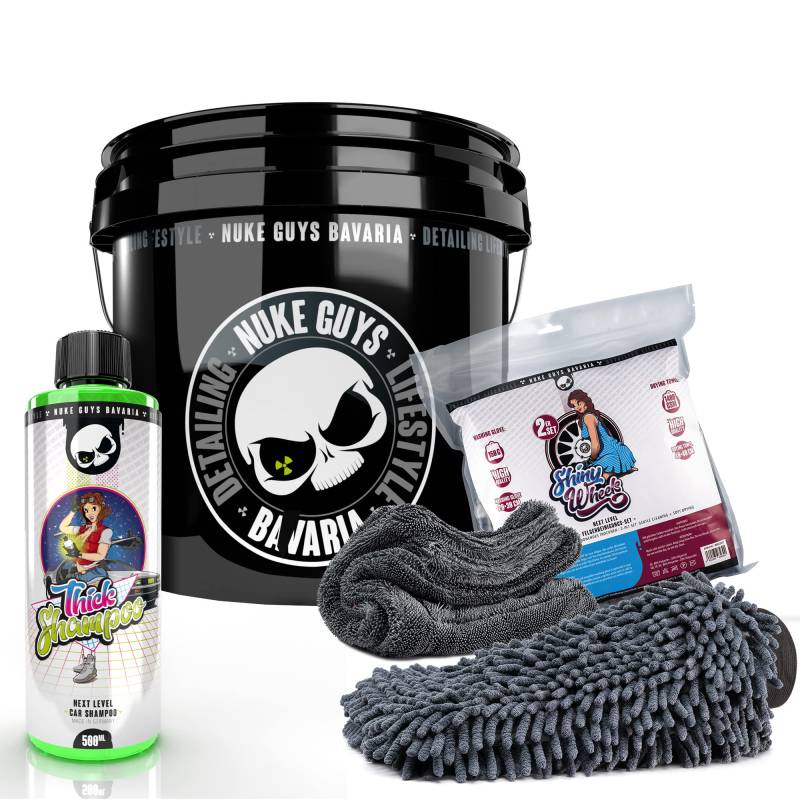 Nuke Guys Auto Wasch Eimer Set Skull Bucket 3,5GAL + Thick Shampoo 0,5L + Shiny Wheels Mikrofaserset Waschhandschuh & Trockentuch von Nuke Guys