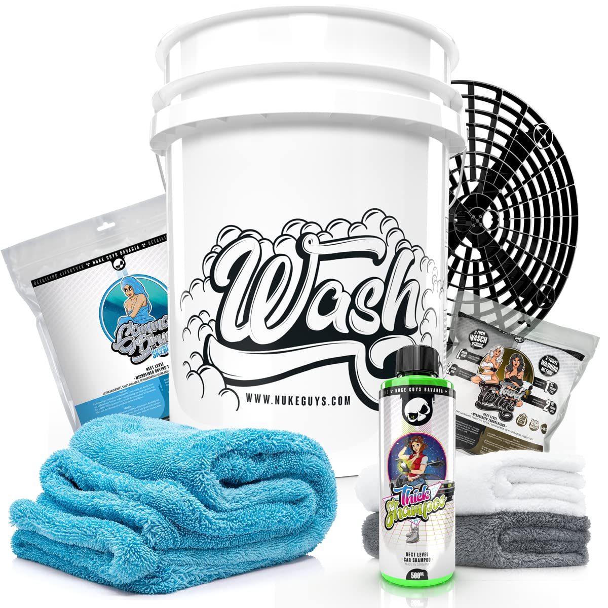 Nuke Guys Auto Waschset - kratzerfreie Handwäsche mit Thick Shampoo 0,5L, Wash Bucket made by GritGuard, 2x Towel Twins Mikrofaser Waschtücher, Grit Guard Schmutzsieb, Trockentuch von Nuke Guys