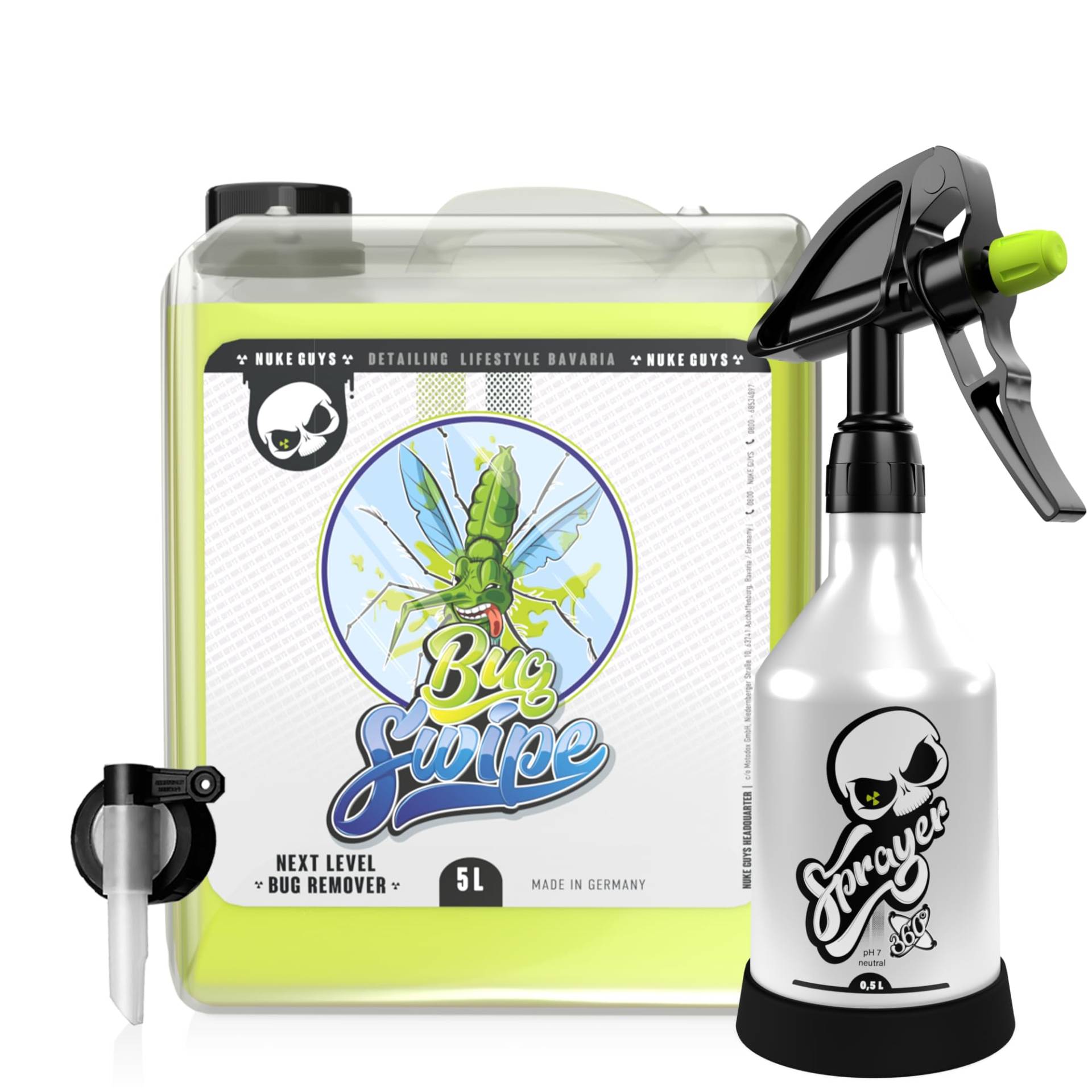 Nuke Guys Bug Swipe Auto Insektenentferner 3 Liter Kanister mit Dispenser und Sprühflasche 0,5L - optimal auch für Motorrad Reinigung, ideal für hartnäckige Verschmutzungen wie Insektenreste von Nuke Guys