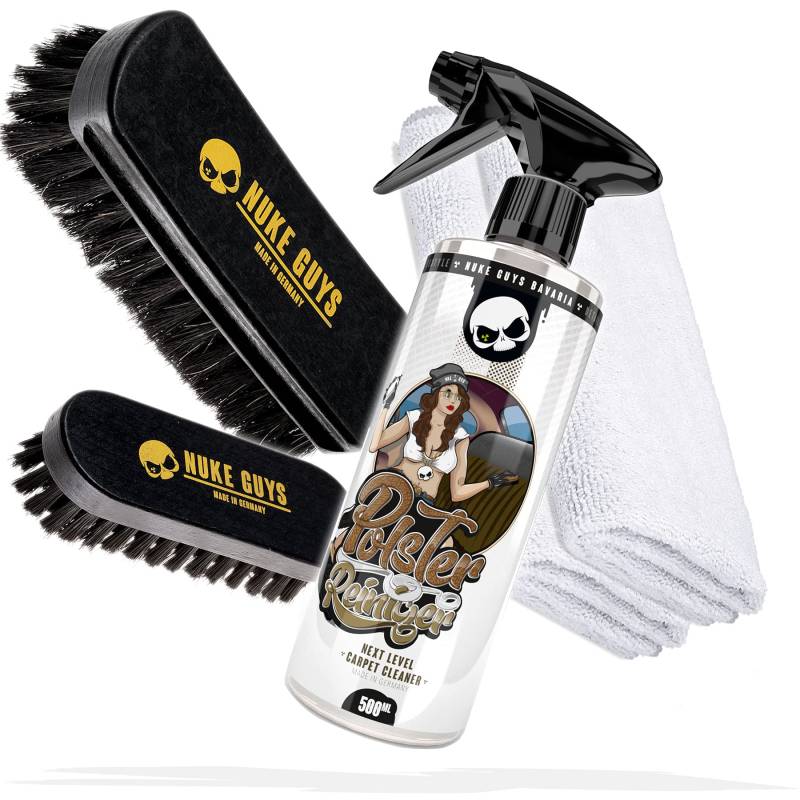 Nuke Guys Leder- und Textilreinigungs Set - Polsterreiniger 500ml + 2X Reinigungsbürste + 2X Mikrofasertuch - ideal für Autositze, Polster, Alcantara, Leder, Teppiche, Stoffsitze, Couch, Schuhe von Nuke Guys