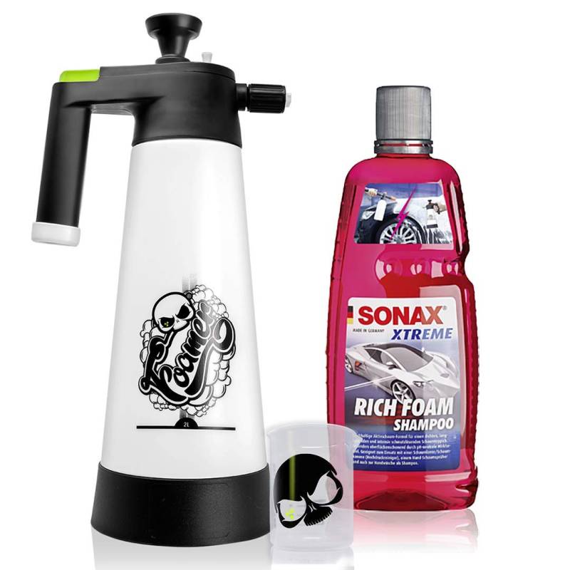 Nuke Guys Snow Foam Set: 2L Schaumsprüher + SONAX XTREME Rich Shampoo 1L + Messbecher 150ml skaliert mit skull von Nuke Guys