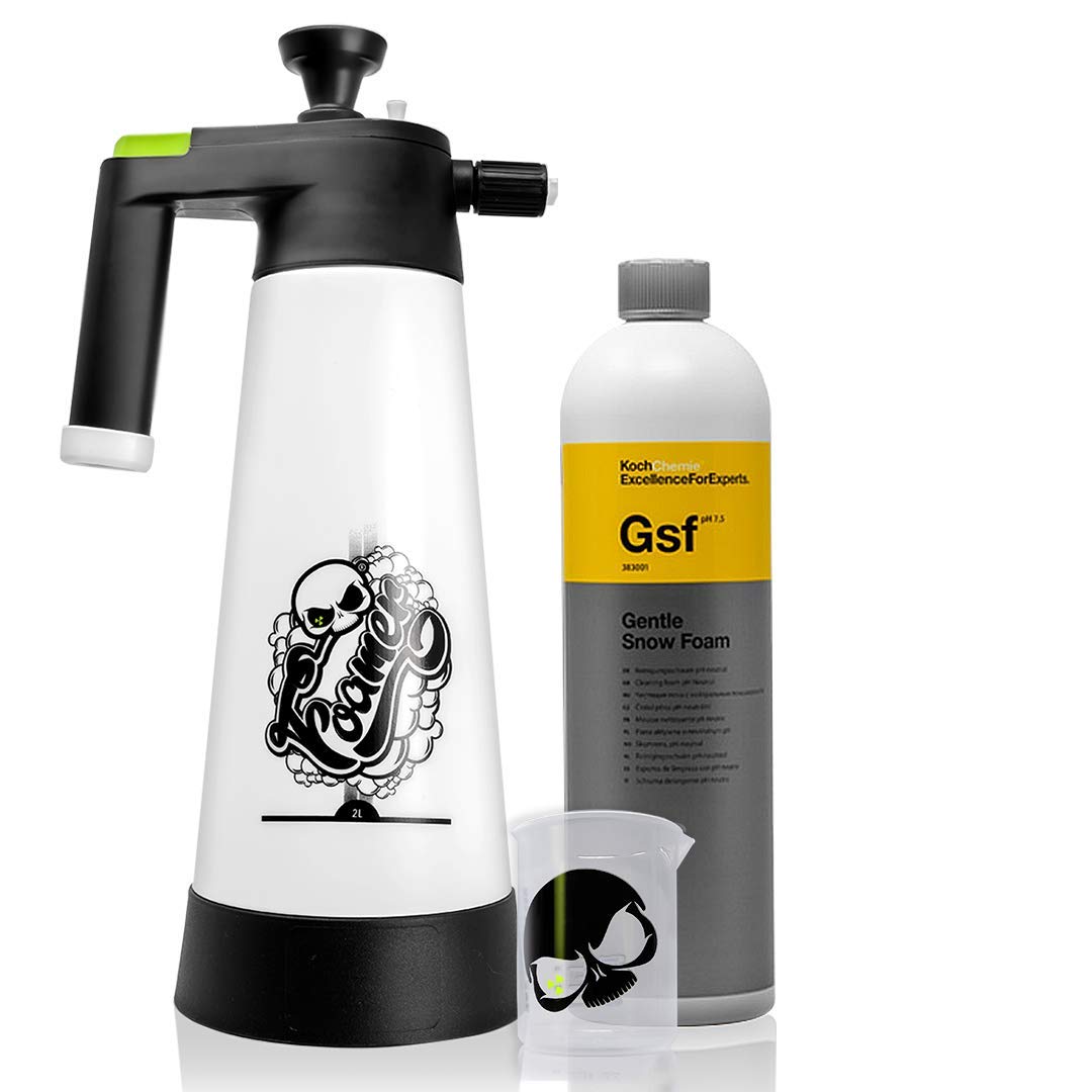 Nuke Guys Snow Foam Set: Nuke Guys Foamer 2L Schaumsprüher + KochChemie GSF Gentle Snow Foam 1L + Nuke Guys Messbecher 150ml skaliert mit Nuke Guys skull von Nuke Guys