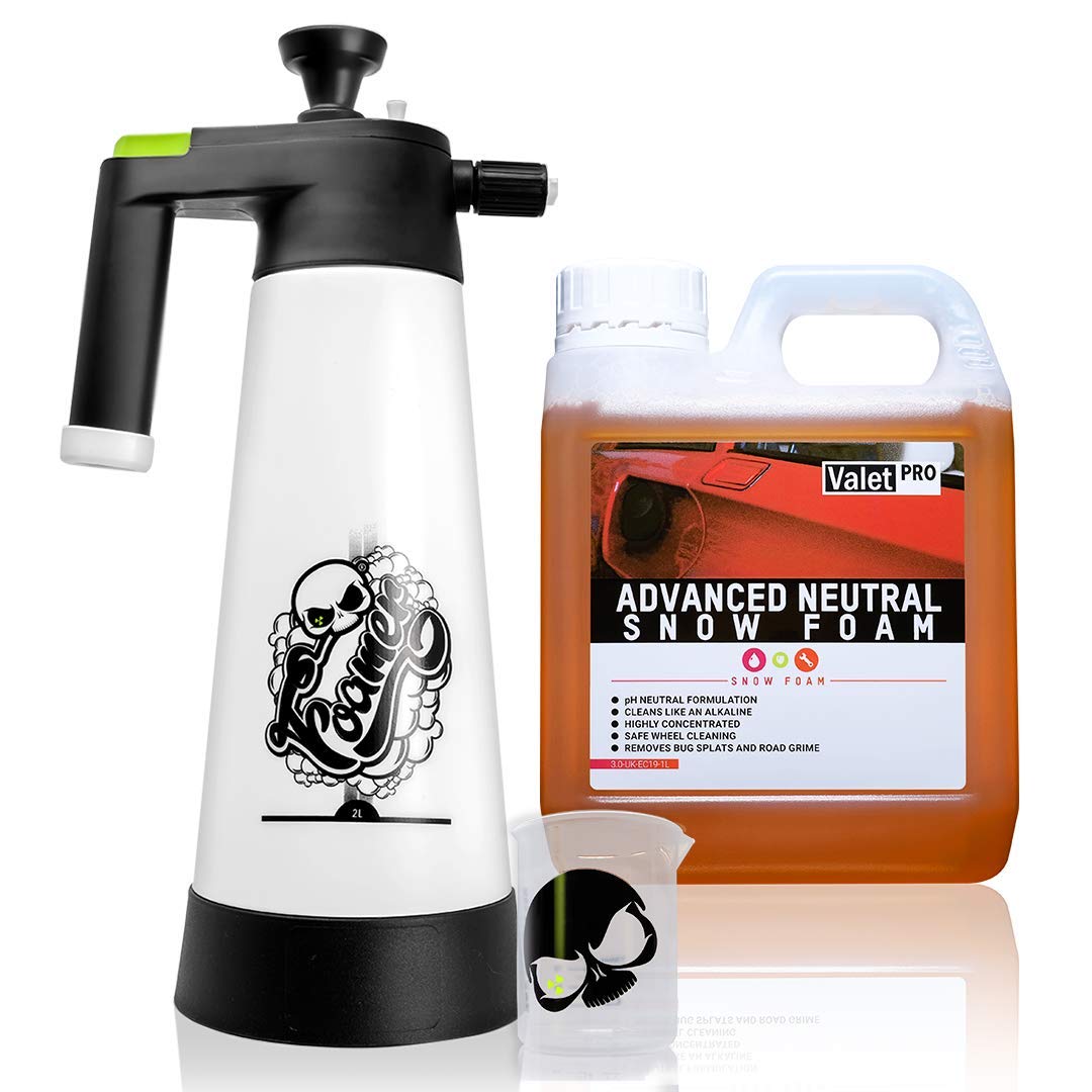 Nuke Guys Snow Foam Set: Nuke Guys Foamer 2L Schaumsprüher + ValetPRO Advance Neutral Snow Foam 1L + Nuke Guys Messbecher 150ml skaliert mit Nuke Guys skull von Nuke Guys