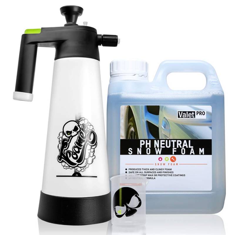 Nuke Guys Snow Foam Set: Nuke Guys Foamer 2L Schaumsprüher + ValetPRO pH neutral Snow Foam 1L + Nuke Guys Messbecher 150ml skaliert mit Nuke Guys skull von Nuke Guys