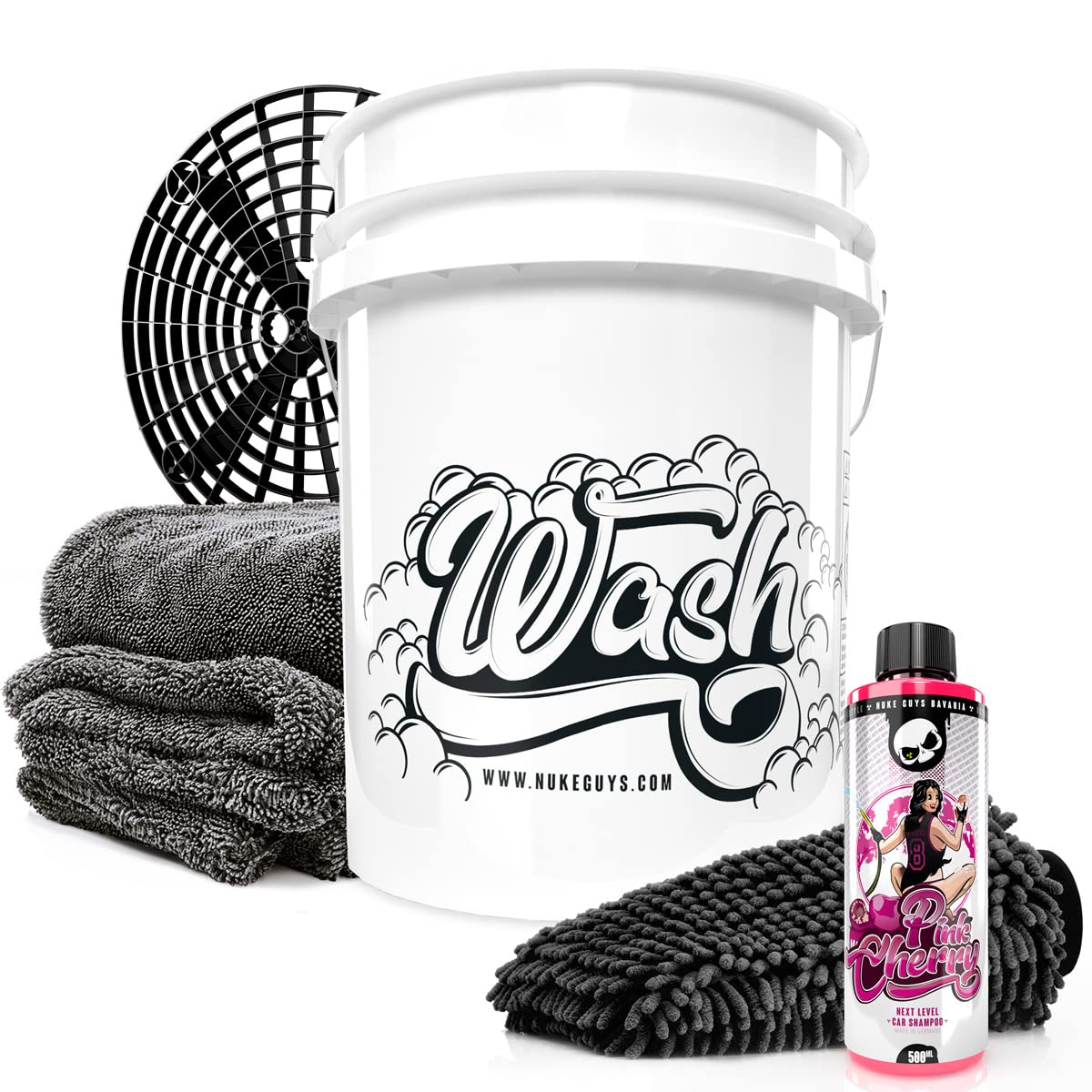 Nuke Guys - Handwäsche Set - Auto Wascheimer mit Sieb 5 GAL Pink Cherry Autoshampoo 500ml Gamma Dryer XXL Trockentuch 50x80cm - Waschhandschuh - Grit Guard Einsatz von Nuke Guys