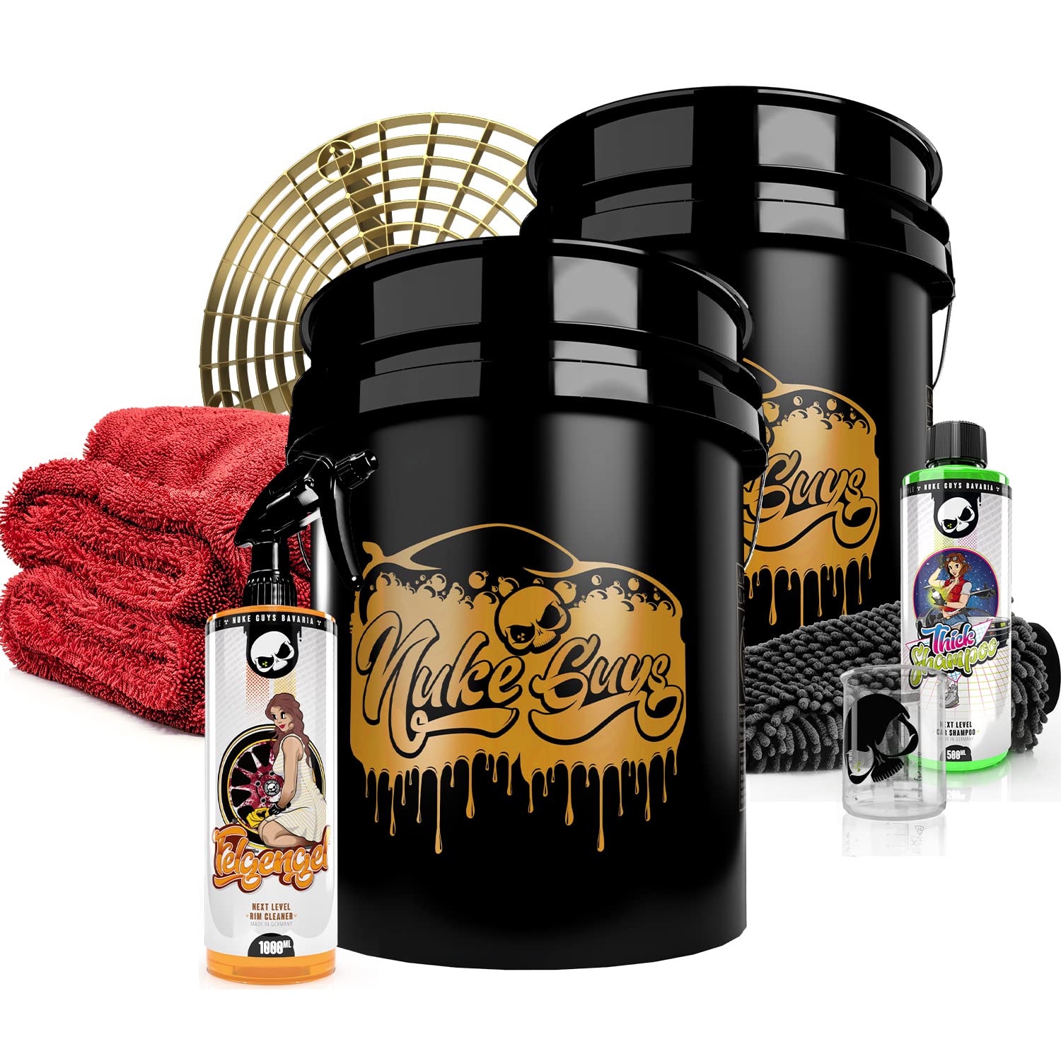 Nuke Guys professionelles Auto Waschset für die optimale Handwäsche - 2X Gold Bucket 5GAL & 1x Grit Guard + Thick Shampoo 500ml + Felgengel 1L + Trockentuch + Waschhandschuh Nuke Guys professionelles Auto Waschset für die optimale Handwäsche - 2X Gold Bucket 5GAL & 1x Grit Guard + Thick Shampoo 500ml + Felgengel 1L + Trockentuch + Waschhandschuh von Nuke Guys