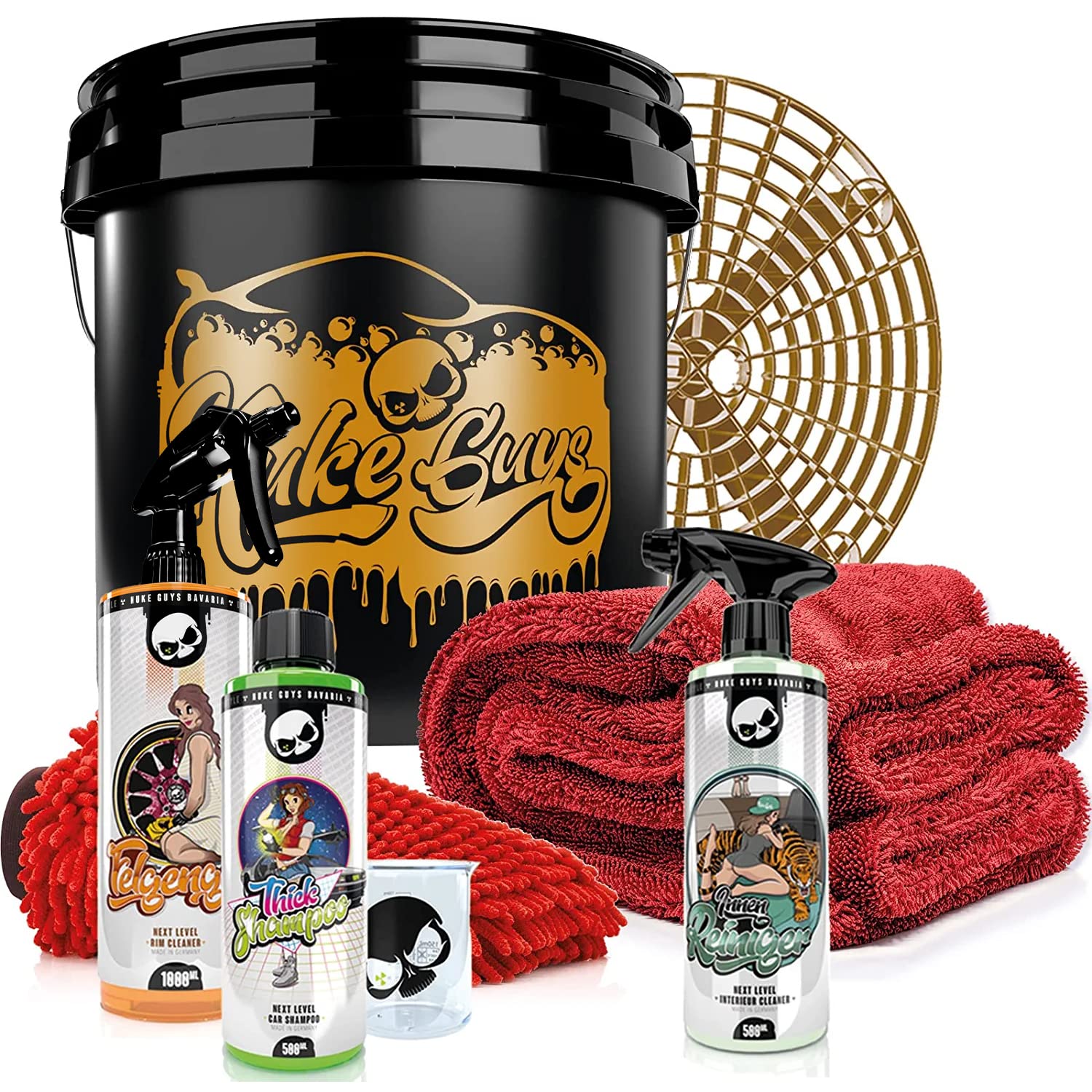 Nuke Guys professionelles Auto Waschset für die optimale Handwäsche - Gold Bucket 3.5GAL + Grit Guard + Thick Shampoo 500ml + Felgengel 1L + Innenreiniger 500ml + Trockentuch + Waschhandschuh Nuke Guys professionelles Auto Waschset für die optimale Handwäsche - Gold Bucket 3.5GAL + Grit Guard + Thick Shampoo 500ml + Felgengel 1L + Innenreiniger 500ml + Trockentuch + Waschhandschuh von Nuke Guys