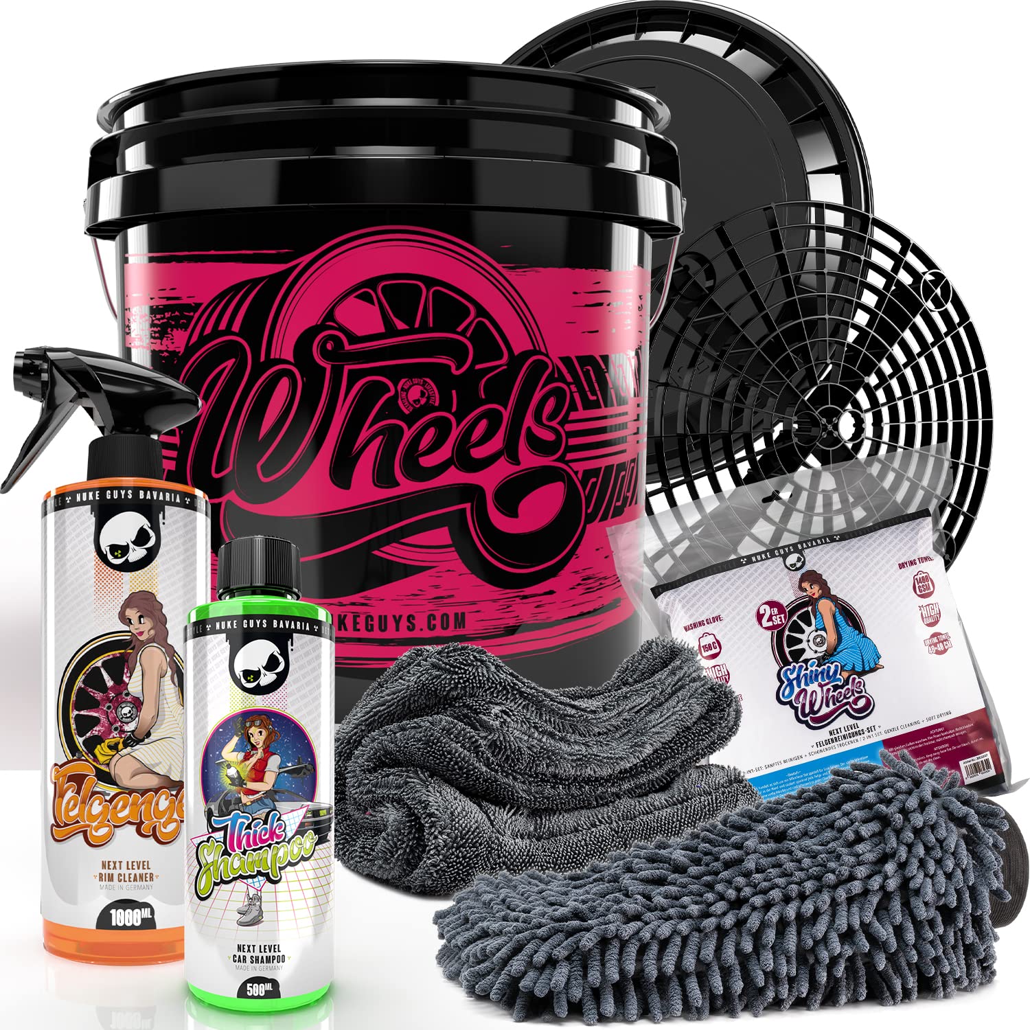 Nuke Guys professionelles Auto Waschset für die optimale Handwäsche: Nuke Guys Wheels Bucket 3,5GAL + Deckel, Thick Shampoo 500ml, Felgenreiniger 1L, Shiny Wheels 2in1 Mikrofaserset + Grit Guard von Nuke Guys