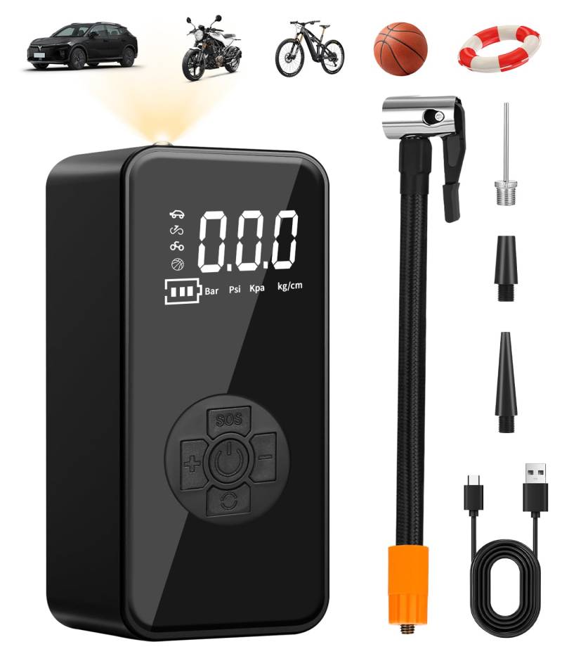 Elektrische Fahrradpumpe, Tragbarer Luftkompressor mit LCD Anzeige und Notbeleuchtung 150PSI, Kabelloser Akku Luftpumpe, USB-Powerbank, Autostop, Mini Kompressor Klein für Auto Fahrrad Motorrad Bälle von Nuxory