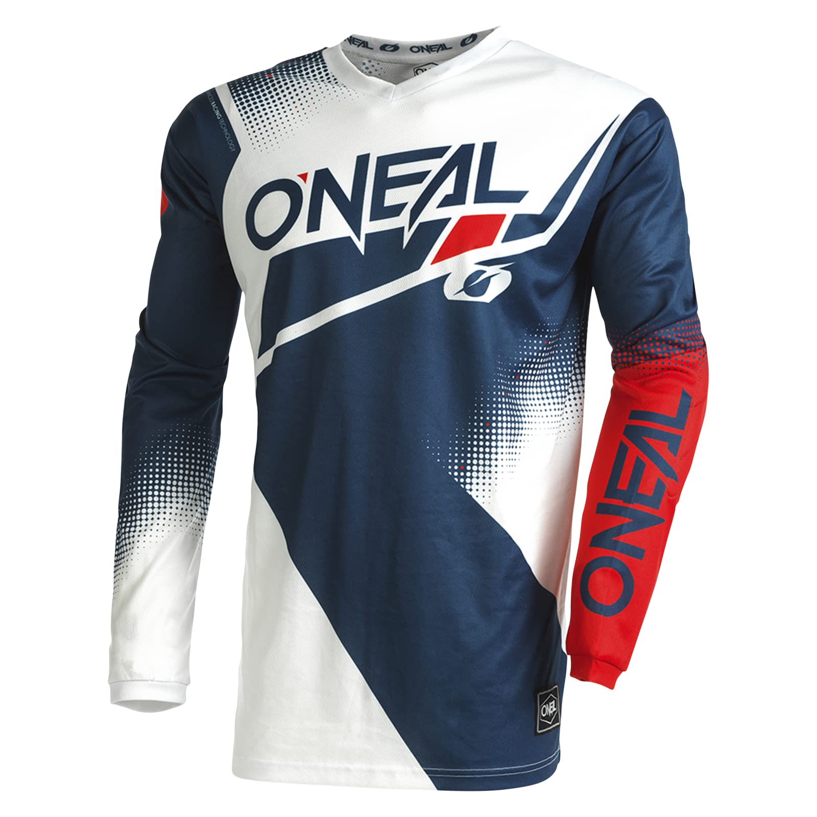 O'NEAL | Motocross-Jersey Langarm | MX Enduro | Gepolsterter Ellbogenschutz, V-Ausschnitt, atmungsaktiv | Element Jersey Racewear V.22 | Erwachsene | Blau Weiß Rot | Größe M von O'NEAL