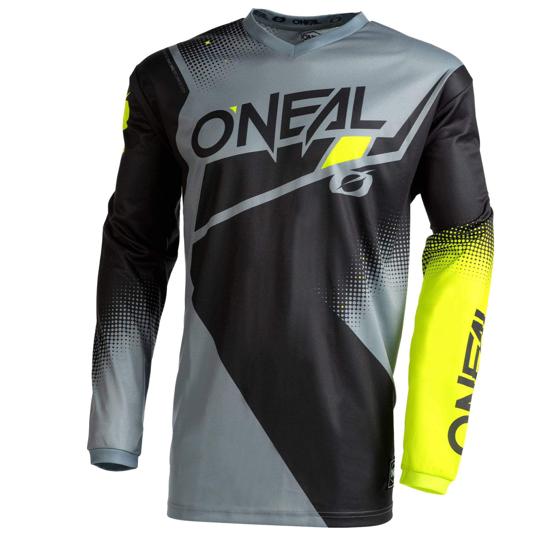 O'NEAL | Motocross-Jersey Langarm | MX Enduro | Gepolsterter Ellbogenschutz, V-Ausschnitt, atmungsaktiv | Element Jersey Racewear V.22 | Erwachsene | Schwarz Grau Neon-Gelb | Größe M von O'NEAL