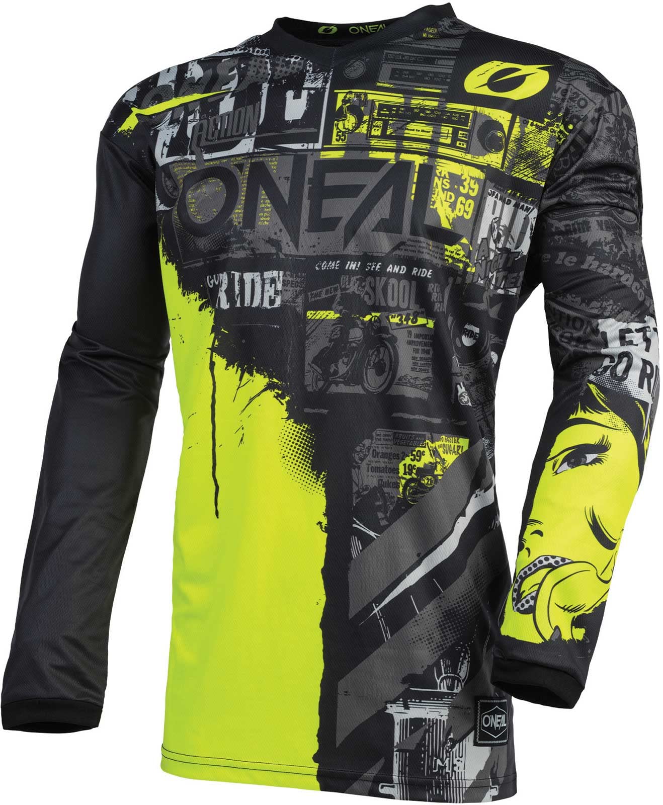 O'NEAL | Motocross-Jersey Langarm | MX Enduro | Gepolsterter Ellbogenschutz, V-Ausschnitt, atmungsaktiv | Element Jersey Ride für Herren | Erwachsene | Schwarz Neon-Gelb | Größe L von O'NEAL