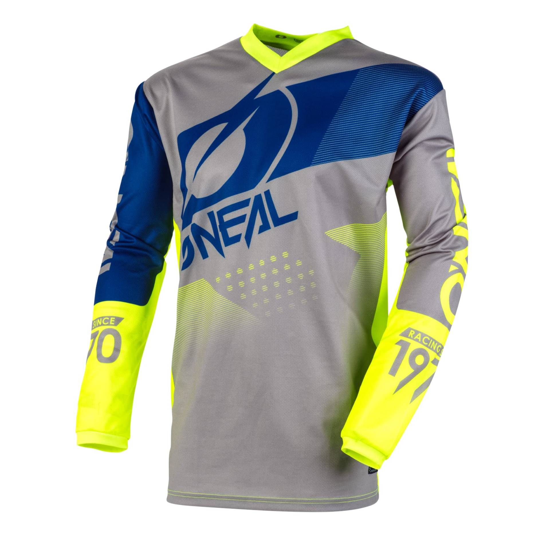 O'NEAL | Motocross-Jersey | MX Enduro Motorrad | Maximale Bewegungsfreiheit, Gepolsterter Ellbogenschutz, Atmungsaktives Material | Element Jersey Factor | Erwachsene | Grau Blau Neon-Gelb | Größe L von O'NEAL