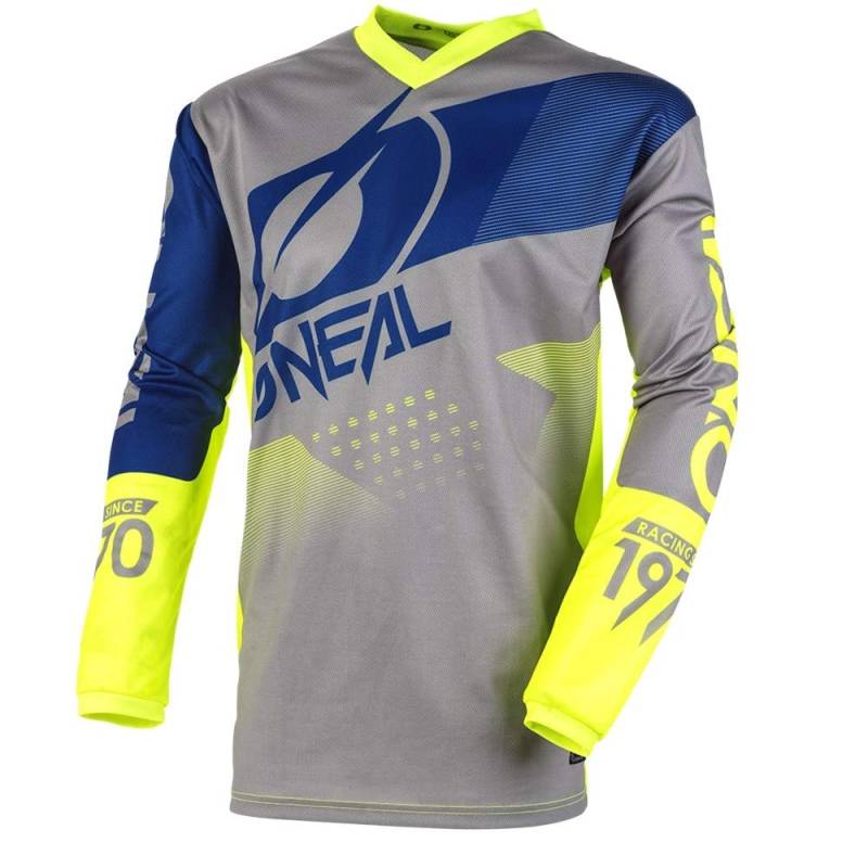 O'NEAL | Motocross-Jersey | MX Enduro Motorrad | Maximale Bewegungsfreiheit, Gepolsterter Ellbogenschutz, Atmungsaktives Material | Element Jersey Factor | Erwachsene | Grau Blau Neon-Gelb | Größe L von O'NEAL