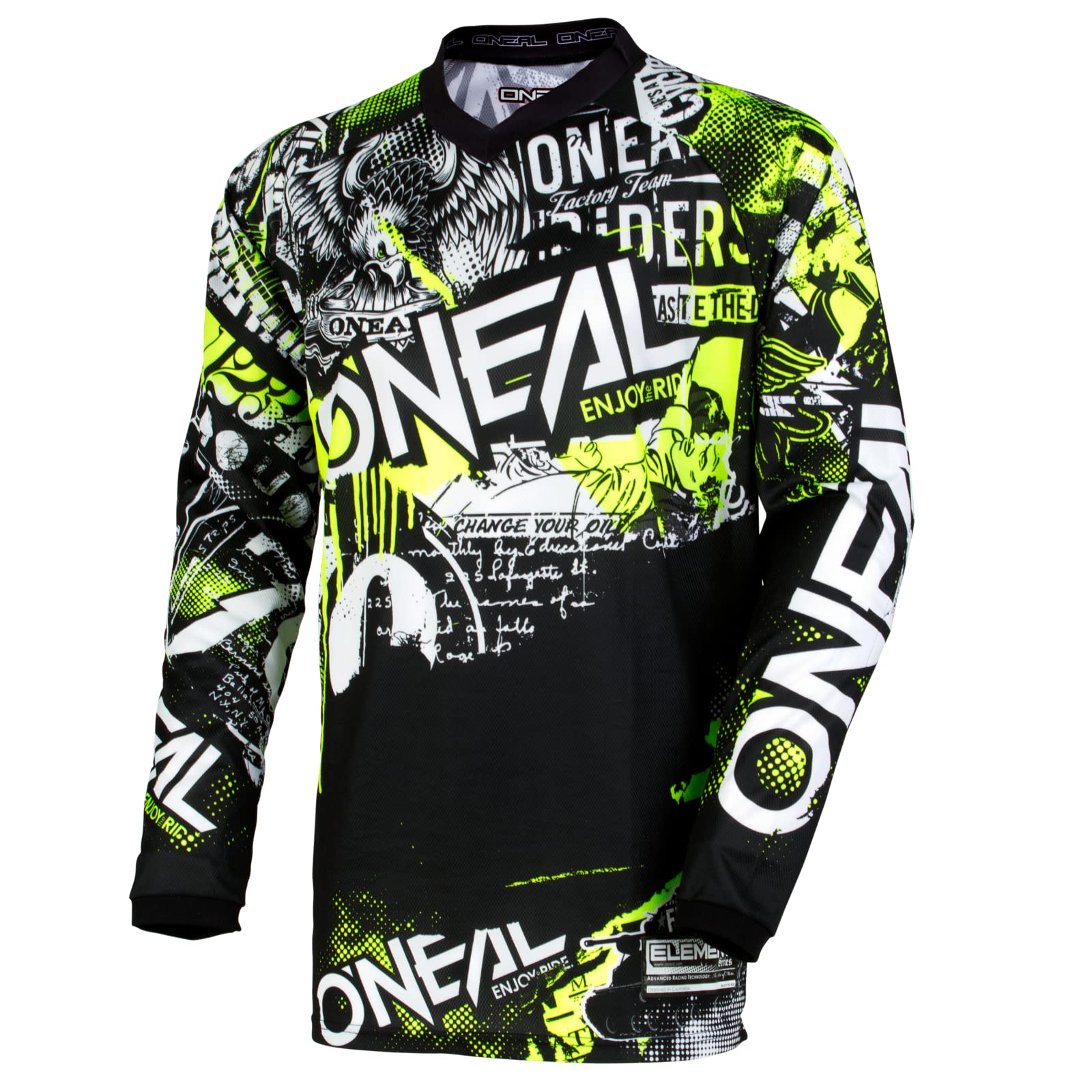 O'NEAL | Motocross-Shirt Langarm | Kinder | MX MTB Mountainbike | Passform für Maximale Bewegungsfreiheit, Eingenähter Ellbogenschutz | Element Youth Jersey Attack | Schwarz Neon-Gelb | Größe L von O'NEAL