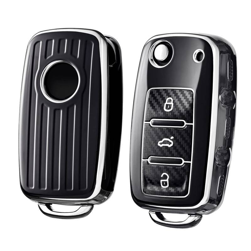OATSBASF Autoschlüssel Hülle VW, VW Golf Schlüsselbox, Schlüsselhülle Cover für vw Polo Passat Skoda Seat 3-Tasten (CX-Schwarz) von OATSBASF