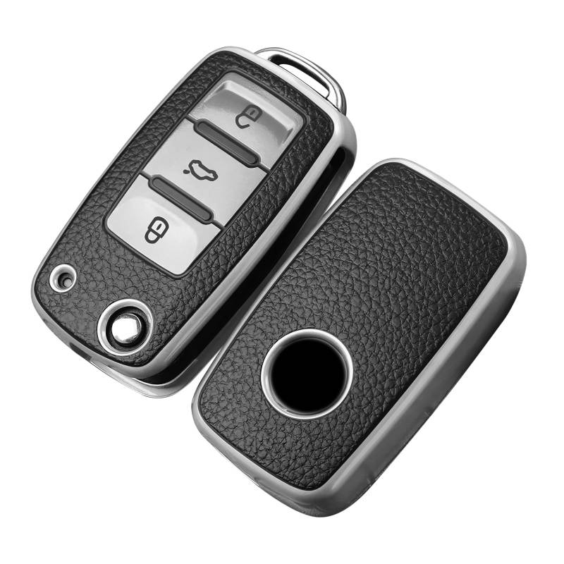 OATSBASF Autoschlüssel Hülle VW, VW Golf Schlüsselbox, Schlüsselhülle Cover für vw Polo Passat Skoda Seat 3-Tasten (PW-Silber) von OATSBASF
