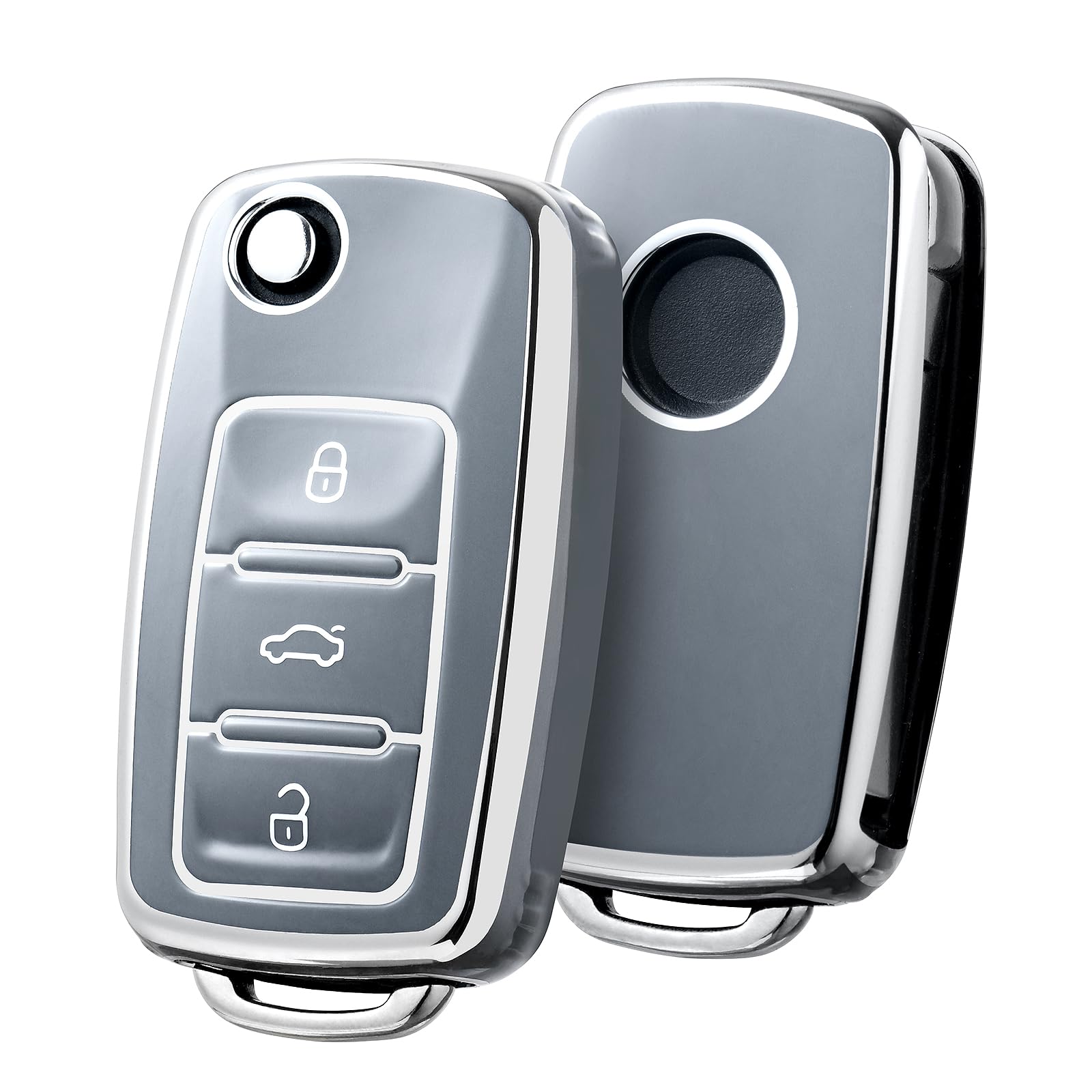 OATSBASF Autoschlüssel Hülle VW, VW Golf Schlüsselbox, Schlüsselhülle Cover für vw Polo Passat Skoda Seat 3-Tasten (Silber Rand-Grau) von OATSBASF