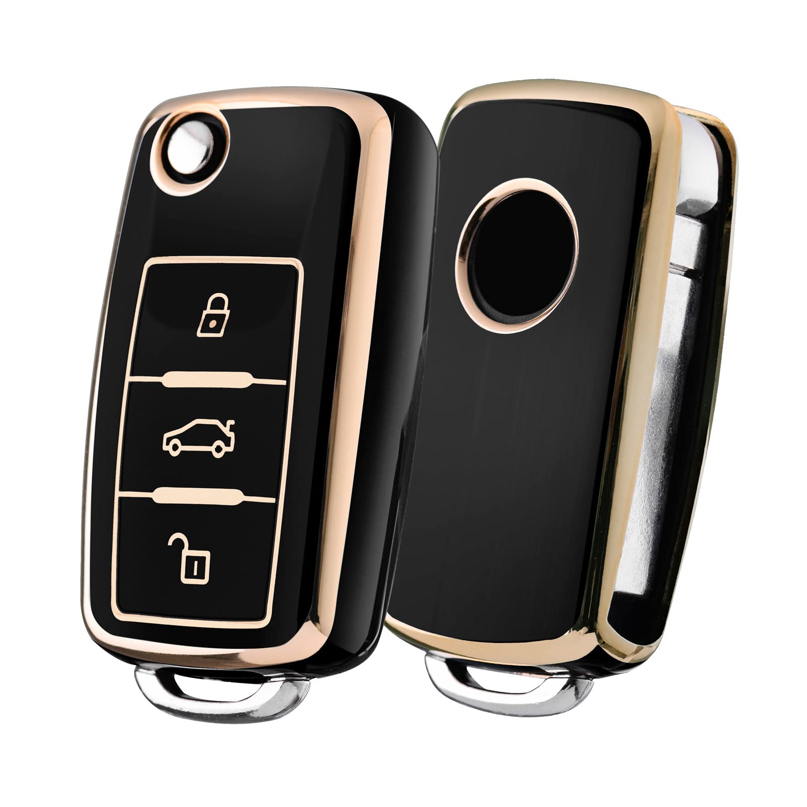 OATSBASF Autoschlüssel Hülle VW, VW Golf Schlüsselbox,Schlüsselhülle Cover für vw Polo Passat Skoda Seat 3-Tasten (Goldener Rand-Schwarz) von OATSBASF