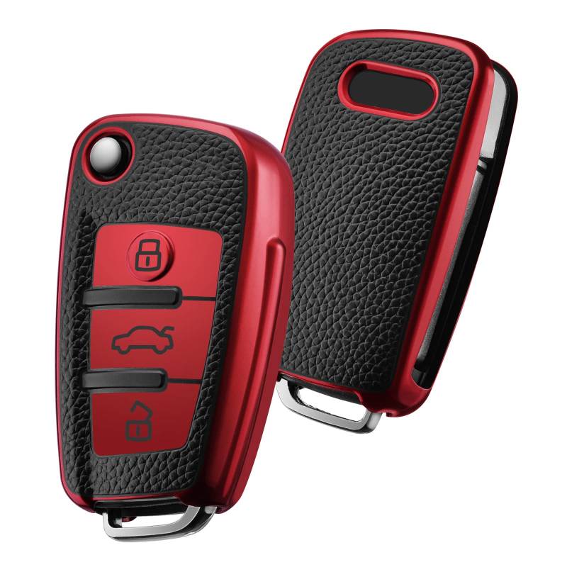 OATSBASF Schlüsselhülle Geeignet für Audi,Autoschlüssel Hülle für A1 A3 A4 A6 Q3 Q5 Q7 S3 R8 TT Silicone TPU Leather Texture Schutzhülle (P-Rot) von OATSBASF