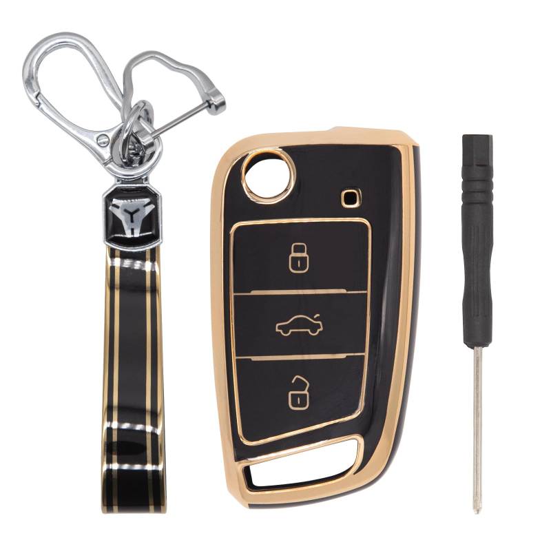 OBEST Autoschlüssel Hülle VW, Schlüsselbox Cover für VW Passat, VW Schlüsselhülle 3-Tasten mit Schlüsselanhänger (Goldener Rand-Schwarz) von OBEST