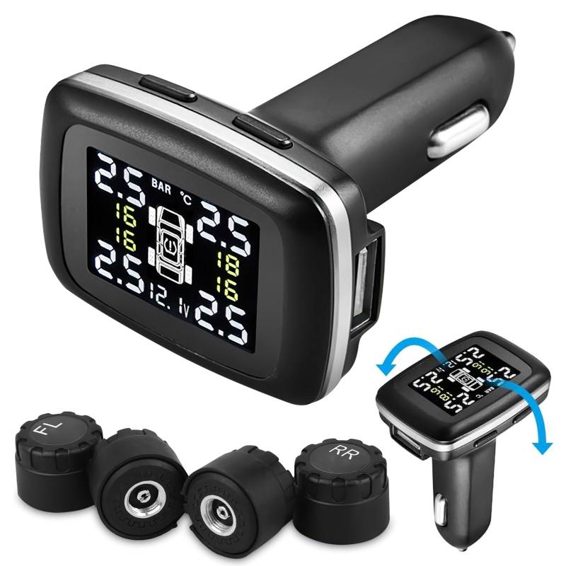 OBEST Reifendruckkontrollsystem, drahtloses TPMS-Monitor, mit 4 externen Sensoren, einstellbarer Betrachtungswinkel, Zigarettenanzünder-Stecker und USB-Ladeanschluss von OBEST