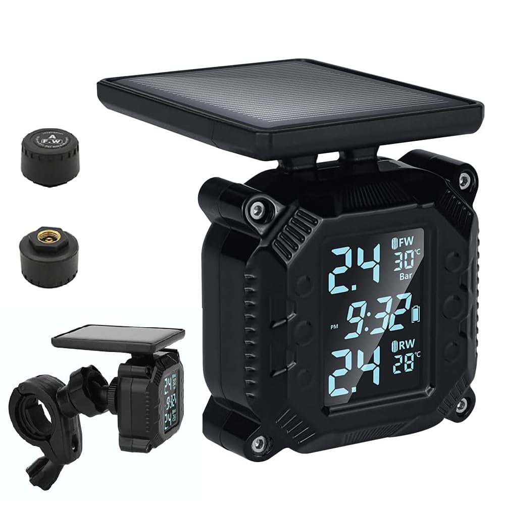 OBEST TPMS Solar-Reifendruckkontrollsystem, Wireless Solar Power Reifendruck Wasserdichtes Motorrad-Manometer mit 2 externen Sensoren, Solarladung und magnetischer USB-Aufladung… von OBEST