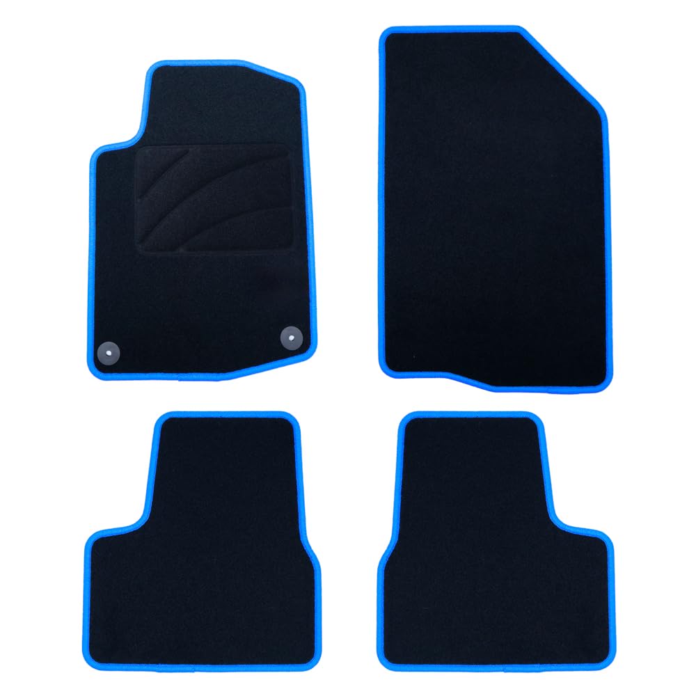 OCC DESIGN - Fußmatten, maßgefertigte Teppiche, kompatibel mit PEUGEOT 208 (2012-2019), Blaue Zierleisten, Velours/Polypropylen, Original Verankerung, rutschfester Rücken, Fersenkappe, 4 Stück von OCC DESIGN