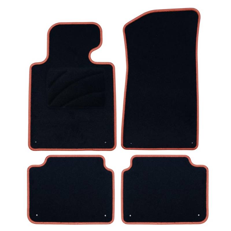 OCC DESIGN - Maßgeschneiderte Fußmatten, passend für BMW E46 Cabrio (2000-2007), hochwertiger Teppich, Velours/Polypropylen, Originalverankerung, rutschfest, Fersenschale, orangefarbener Zierstreifen von OCC DESIGN