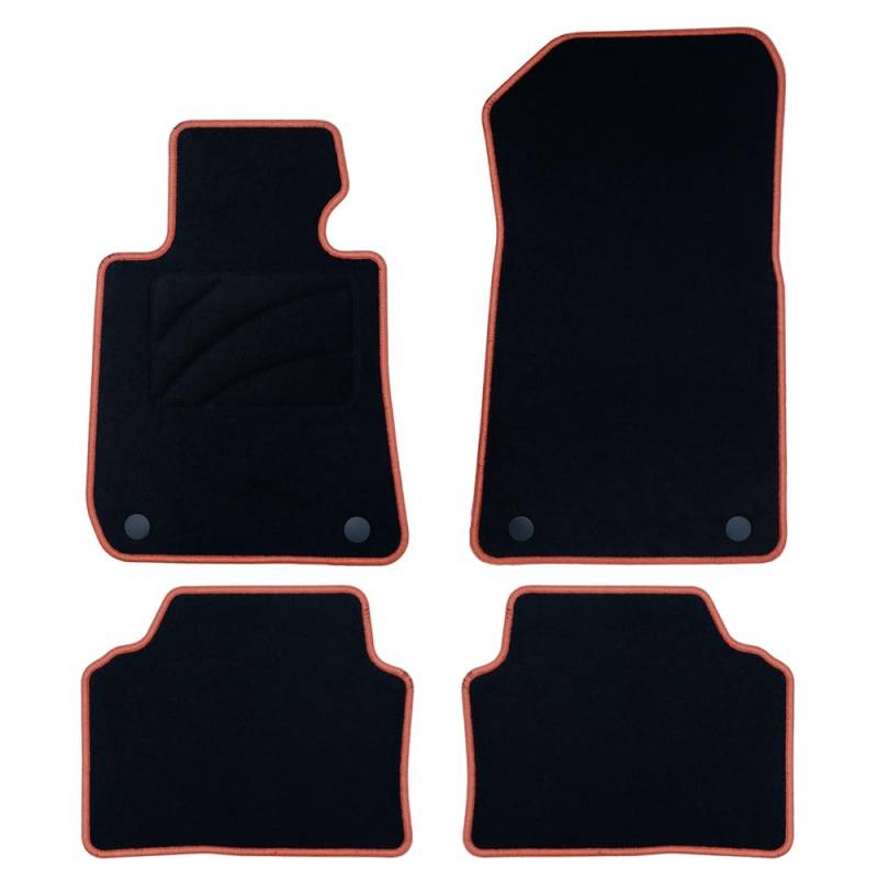 OCC DESIGN - Maßgeschneiderte Fußmatten, passend für BMW E46 Cabrio (2000-2007), hochwertiger Teppich, Velours/Polypropylen, Originalverankerung, rutschfest, Fersenschale, orangefarbener Zierstreifen von OCC DESIGN