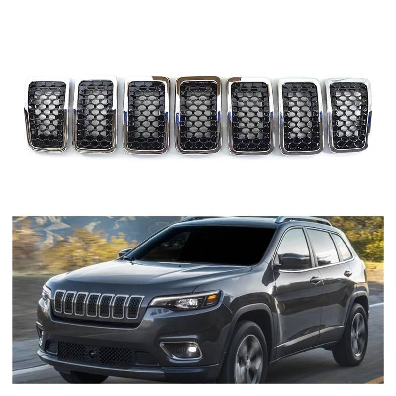Kühler 7Pcs Glänzend Schwarz/Chrom Auto Vorderen Stoßfänger Niere Mesh Grille Zubehör Für Jeep Für Cherokee 2019 2020 2021 2022 Grill(Chrome Black) von ODKBFG