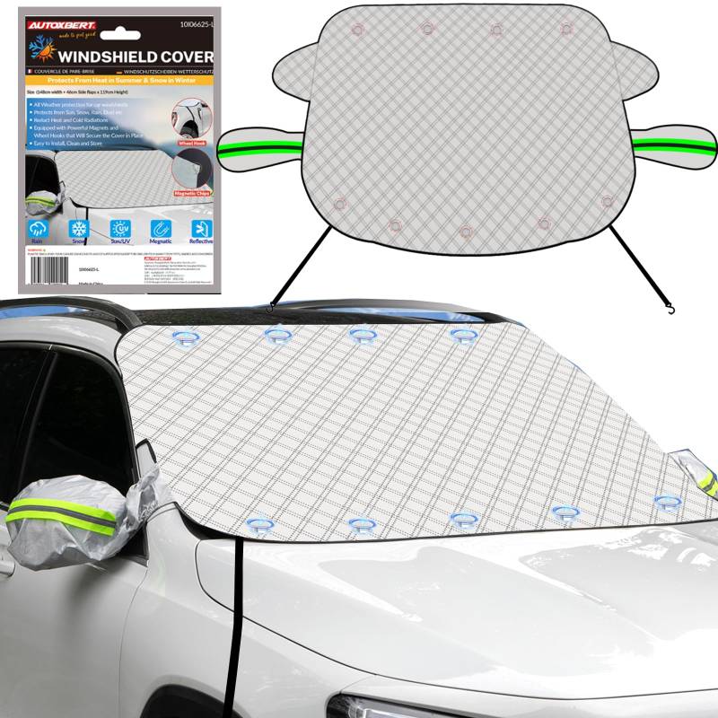 OEMASSIVE 148 x 120 cm Auto-Frontscheiben-Sonnenschutz mit Aufbewahrungstasche mit Reißverschluss und Bindegürtel, 5-lagige Auto-Windschutzscheibe und Außenspiegel-Windschutzscheibenabdeckung von OEMASSIVE