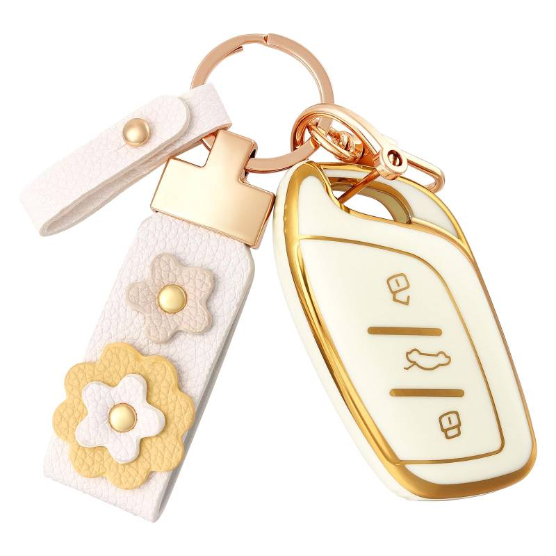 OFF WE GO Autoschlüssel Hülle Schlüsselhülle Cover für MG MG4 MG5 MG6 MG ZS EV HS EHS ZX GT Roewe RX3 RX8 ERX5 RX5 I6 I5 Schlüsselbox mit Schlüsselanhänger Schlüsselcover Schutz Gehäuse, Weiß Gold von OFF WE GO